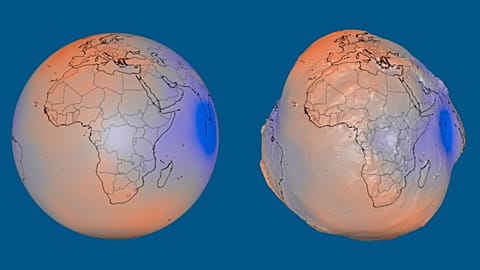 NASA visualisations show the geoid at true scale (left) and with variations in its height exaggerated 10,000 times (right).