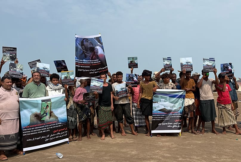 Foreign and Yemeni seafarers protest against Houthi attacks on vessels in the Bab al-Mandab Strait and along the Red Sea coast in Mokha, 17 August, 2026