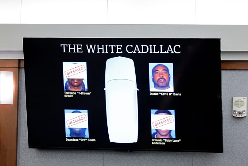 An illustration is displayed during the Duane Davis murder trial, related to the 1996 killing of rapper Tupac Shakur, in Las Vegas, Monday, Aug. 17, 2026