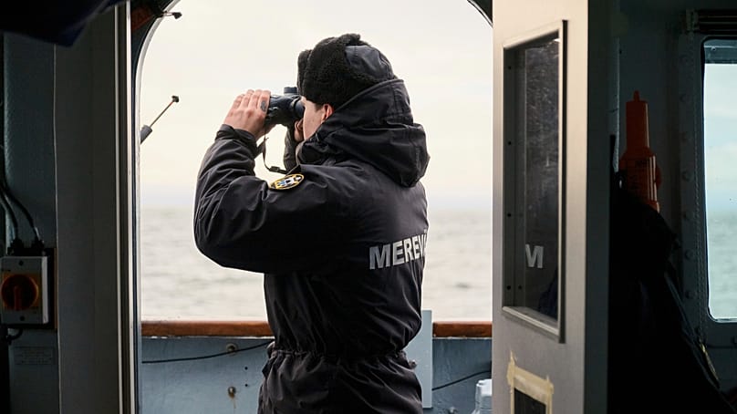 An Estonian naval ship sails in the Baltic Sea on 9 January, 2025, as part of stepped-up NATO patrols in the region following suspected sabotage of undersea cables.