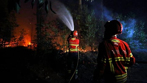 Firefighters work to extinguish a fire on the outskirts of Sever do Vouga, 18 September 2024