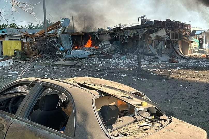 Fire is seen on the site of a Russian air attack in Pechenihy, 18 August, 2026