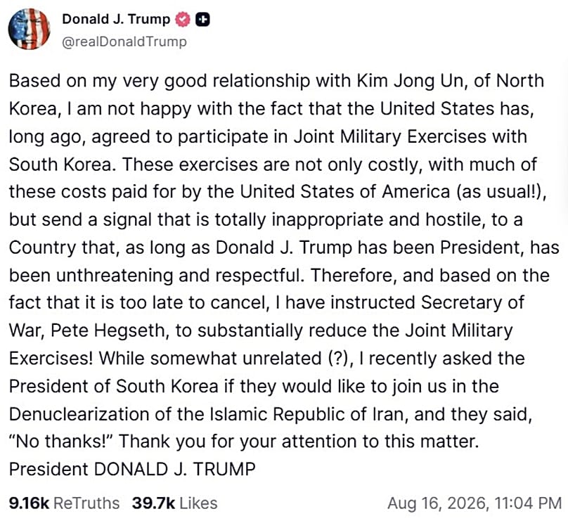 A screenshot of a post on US President Donald Trump's Truth Social account, 18 August, 2026