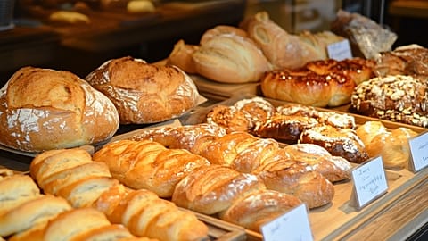 File - Bread display at a bakery shop
