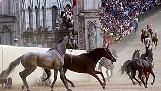 I cavalli continuano a correre dopo aver perso i loro fantini. giovedì 16 agosto 2012. (Foto AP/Paolo Lazzeroni)