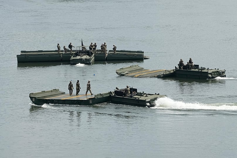 The US Army's soldiers conduct a training exercise on a river in Yeoncheon, South Korea, near the border with North Korea, Tuesday, Aug. 18, 2026