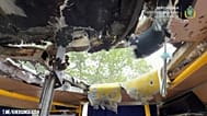 A hole in the ceiling of a bus that was struck by a Russian drone, which killed four people and wounded four others. August, 19, 2026.