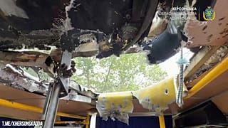 A hole in the ceiling of a bus that was struck by a Russian drone, which killed four people and wounded four others. August, 19, 2026.