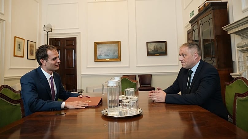 The UK's Minister for EU Relations, Hamish Falconer, meets his Irish counterpart Thomas Byrne in London, August 17, 2026
