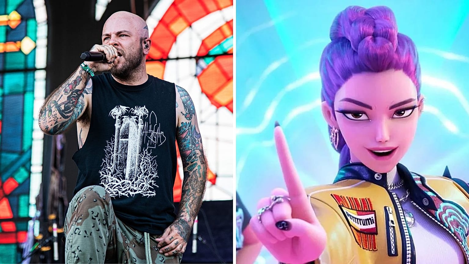 Balra: Ryan Clark, a Demon Hunter tagja a 2019-es Louder Than Life fesztiválon a Highland Festival Grounds-on; jobbra: a Netflix „KPop Demon Hunters”.