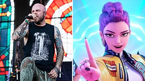Left: Ryan Clark of Demon Hunter performs during Louder Than Life at Highland Festival Grounds - 2019 / Right: Netflix's KPop Demon Hunters
