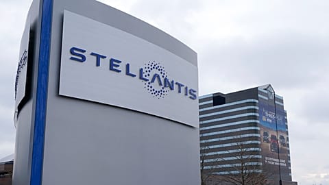 FILE - In this file photo taken on Jan. 19, 2021, the Stellantis sign is seen outside the Chrysler Technology Center, Tuesday,, in Auburn Hills, Mich.