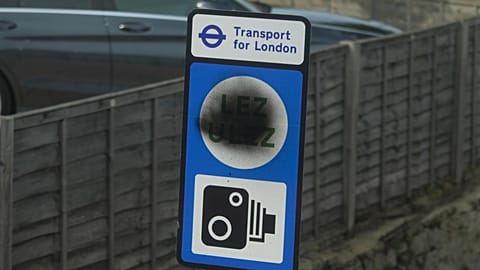 A road sign indicating the Ultra-Low Emission Zone (ULEZ) is defaced, in London, Tuesday, Aug. 29, 2023.