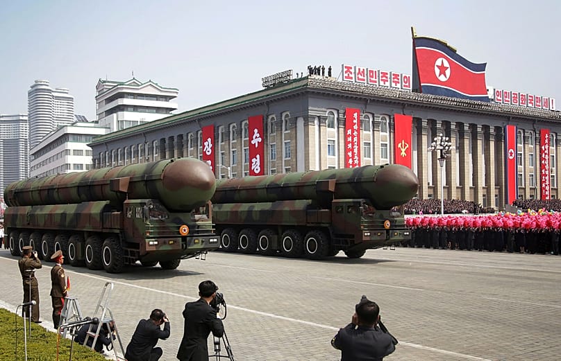 In this April 15, 2017, photo, missiles are paraded across Kim Il Sung Square during a military parade to celebrate the 105th birth anniversary of Kim Il Sung in Pyongyang.