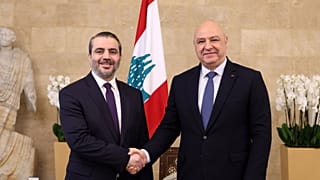 Lebanese President Joseph Aoun Shakes hands with Syrian Foreign Minister Asaad al-Shibani, at the presidential palace in Baabda, east of Beirut, Lebanon, Thursday July 2, 2026