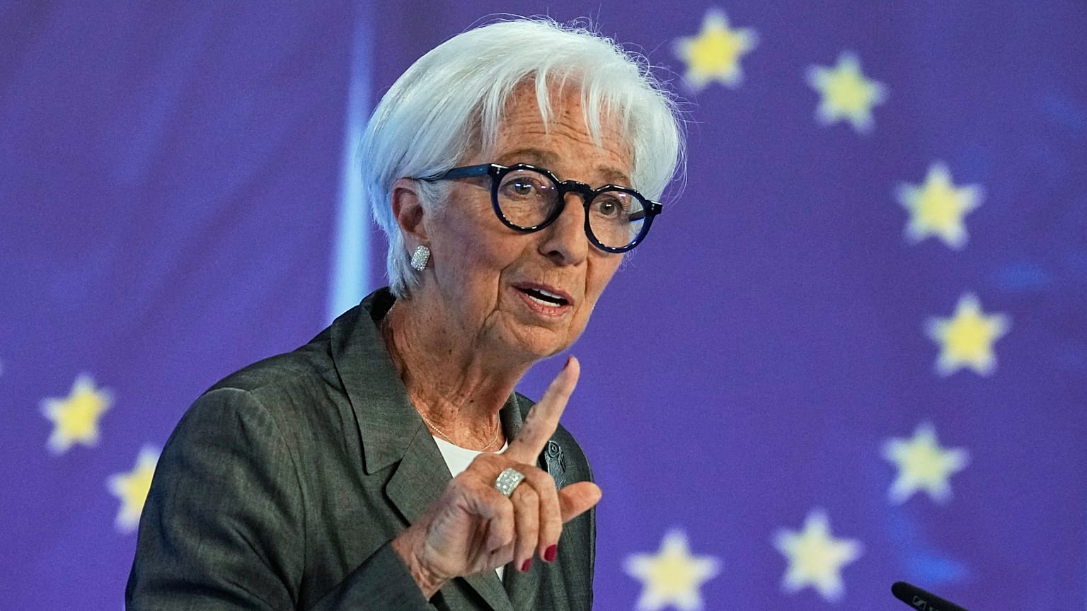 President of European Central Bank Christine Lagarde addresses the media in Frankfurt, Germany, Thursday, July 23, 2026, after a meeting of the ECB's governing council. 