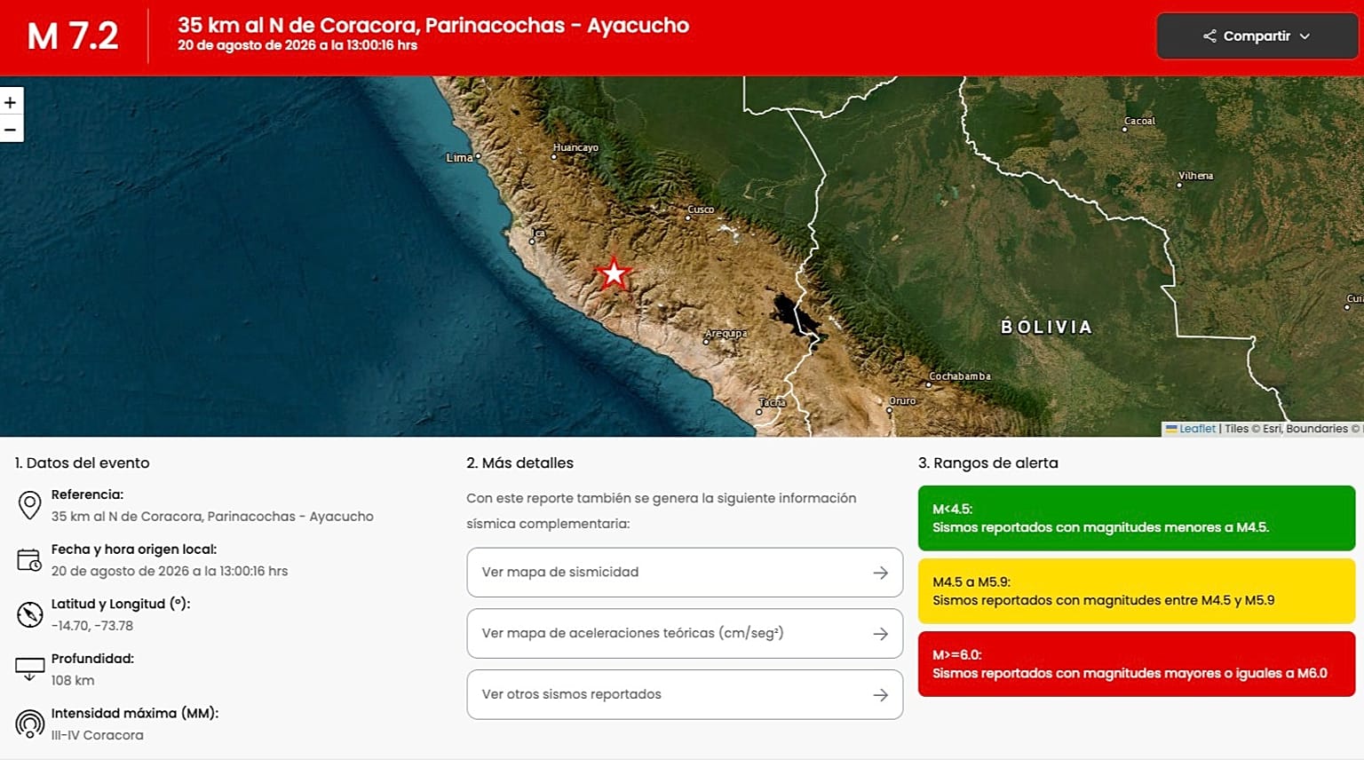 Un terremoto de 7,2 sacude el sur de Perú
