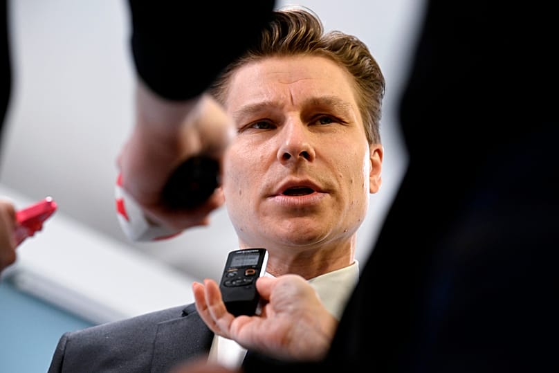 Finnish Defence Minister Antti Häkkänen speaks during a press conference in Helsinki, 15 May, 2026