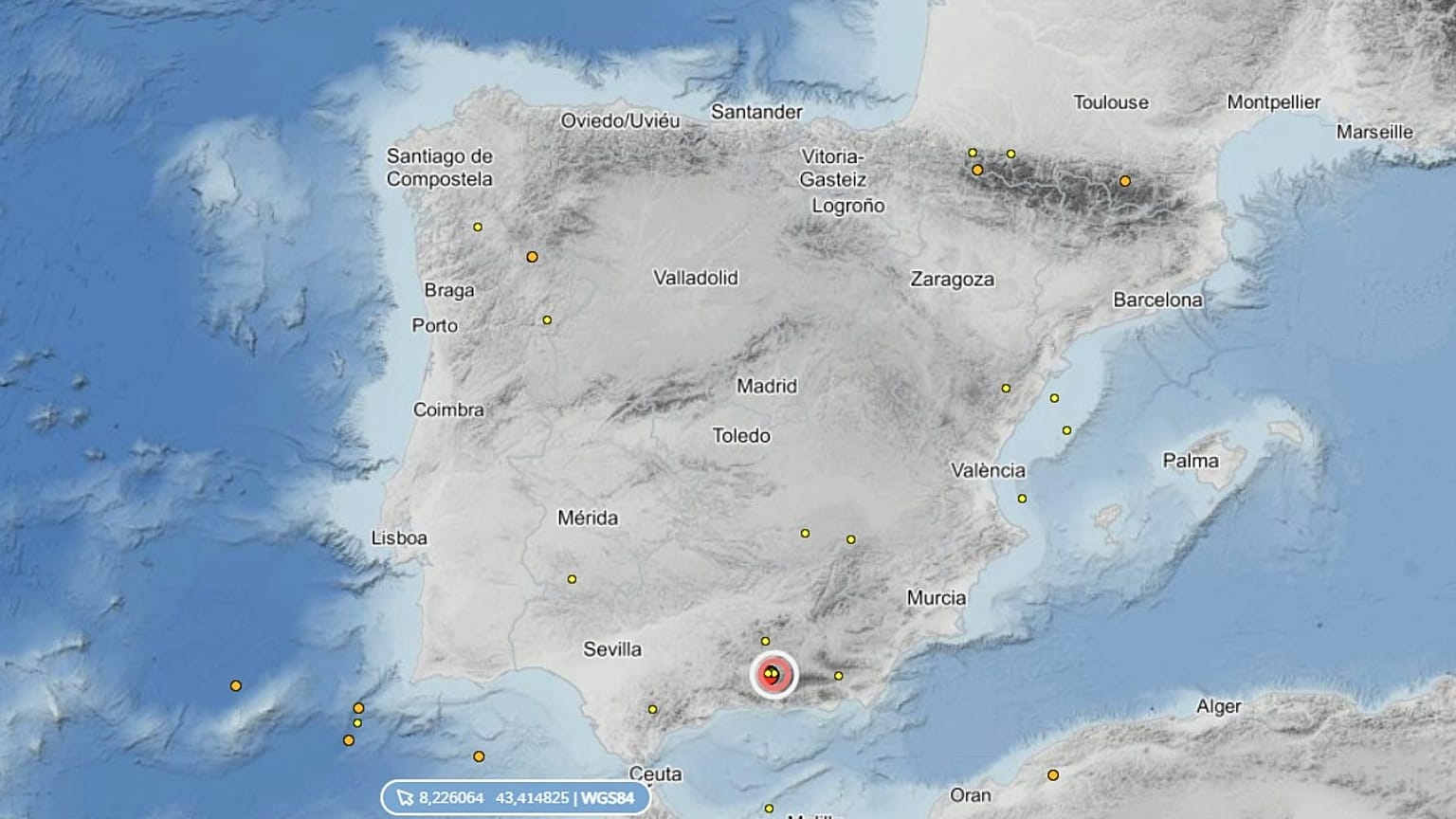 Pantallazo del mapa interactivo del Instituto Geográfico Nacional sobre los riesgos sísmicos en España