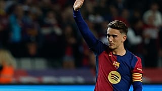 Barcelona's Gavi waves to fans at the Lluís Companys Olympic Stadium in Barcelona, Spain, Sunday 20 October 2024. (AP Photo/Joan Monfort)