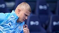 Manchester City's Erling Haaland warms up prior to the English Premier League soccer match between Manchester City and Bournemouth in Manchester