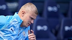 Manchester City's Erling Haaland warms up prior to the English Premier League soccer match between Manchester City and Bournemouth in Manchester