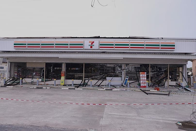 A 7-Eleven convenience store damaged by arson in Pattani province, 23 August, 2026