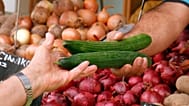 Foto de archivo de una mujer recibiendo unos pepinos en un supermercado