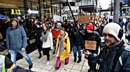 Activist Greta Thunberg, foreground centre, participates in a climate protest, in central Stockholm, Sweden.