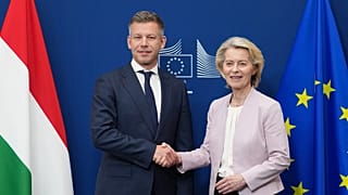 La presidente della Commissione europea Ursula von der Leyen saluta il premier ungherese Peter Magyar prima di una riunione alla sede UE a Bruxelles, 29 maggio 2026