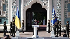 Volodymyr Zelenskyy addresses Ukrainian Naval Infantry and European leaders as they attend a commemorative ceremony marking Ukraine's 35th Independence Day Aug. 24, 2026.
