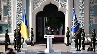 Volodymyr Zelenskyy addresses Ukrainian Naval Infantry and European leaders as they attend a commemorative ceremony marking Ukraine's 35th Independence Day Aug. 24, 2026.