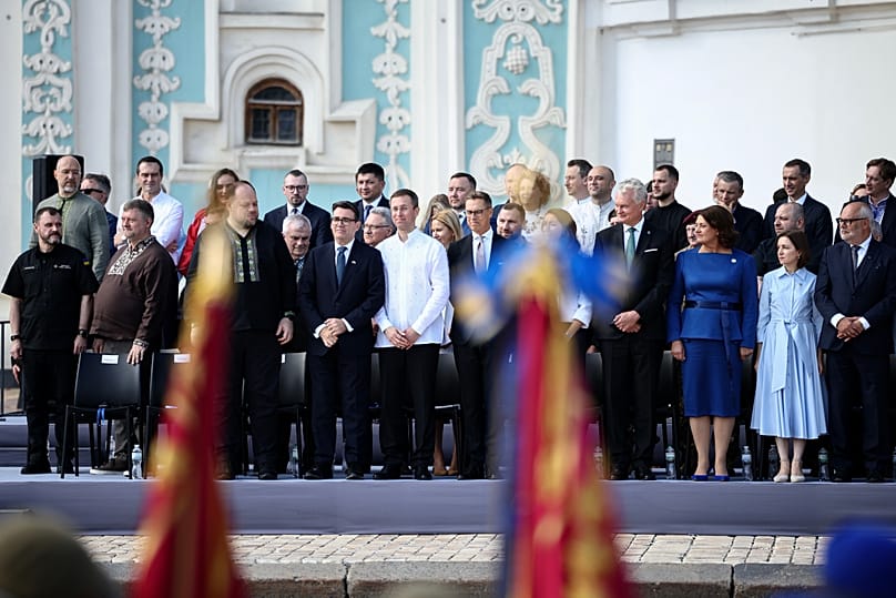 τελετή μνήμης για την 35η Ημέρα Ανεξαρτησίας της Ουκρανίας έξω από τον καθεδρικό ναό της Αγίας Σοφίας στο Κίεβο, Ουκρανία, Δευτέρα 24 Αυγούστου 2026.