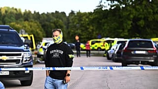 Police outside Brinellskolan during a major emergency response after a man with a sword reportedly injured several people at the school in Fagersta, 21 August, 2026