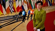 European Commissioner for Enlargement Marta Kos speaks with the media as she arrives for a meeting of EU foreign ministers in Brussels, Thursday, Jan. 29, 2026.