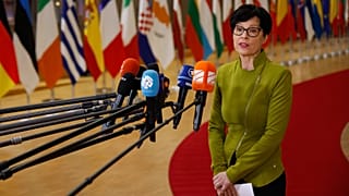 European Commissioner for Enlargement Marta Kos speaks with the media as she arrives for a meeting of EU foreign ministers in Brussels, Thursday, Jan. 29, 2026.