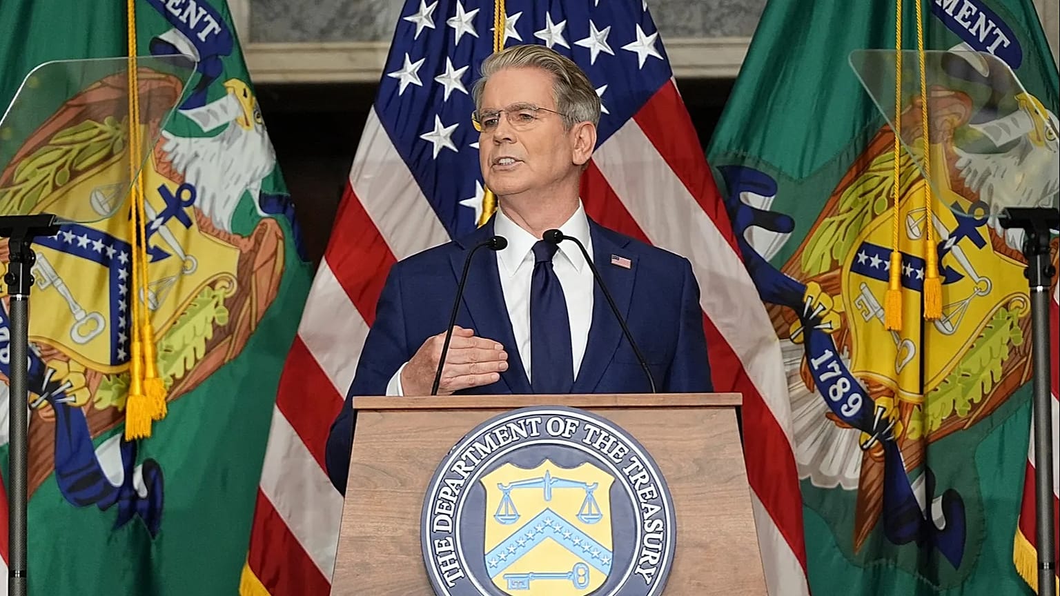 Treasury Secretary Scott Bessent speaks at a news conference, Monday, Aug. 24, 2026, at the Treasury Department in Washington.