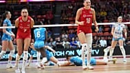 Turkey's Hande Baladin, left, and Zehra Gunes celebrate scoring against Slovenia's the during the Women's Volleyball World Championship 2025