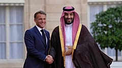 France's President Emmanuel Macron, left, greets Saudi Crown Prince Mohammed bin Salman before a meeting at the Elysee Palace in Paris, France, Monday Aug. 24, 2026.