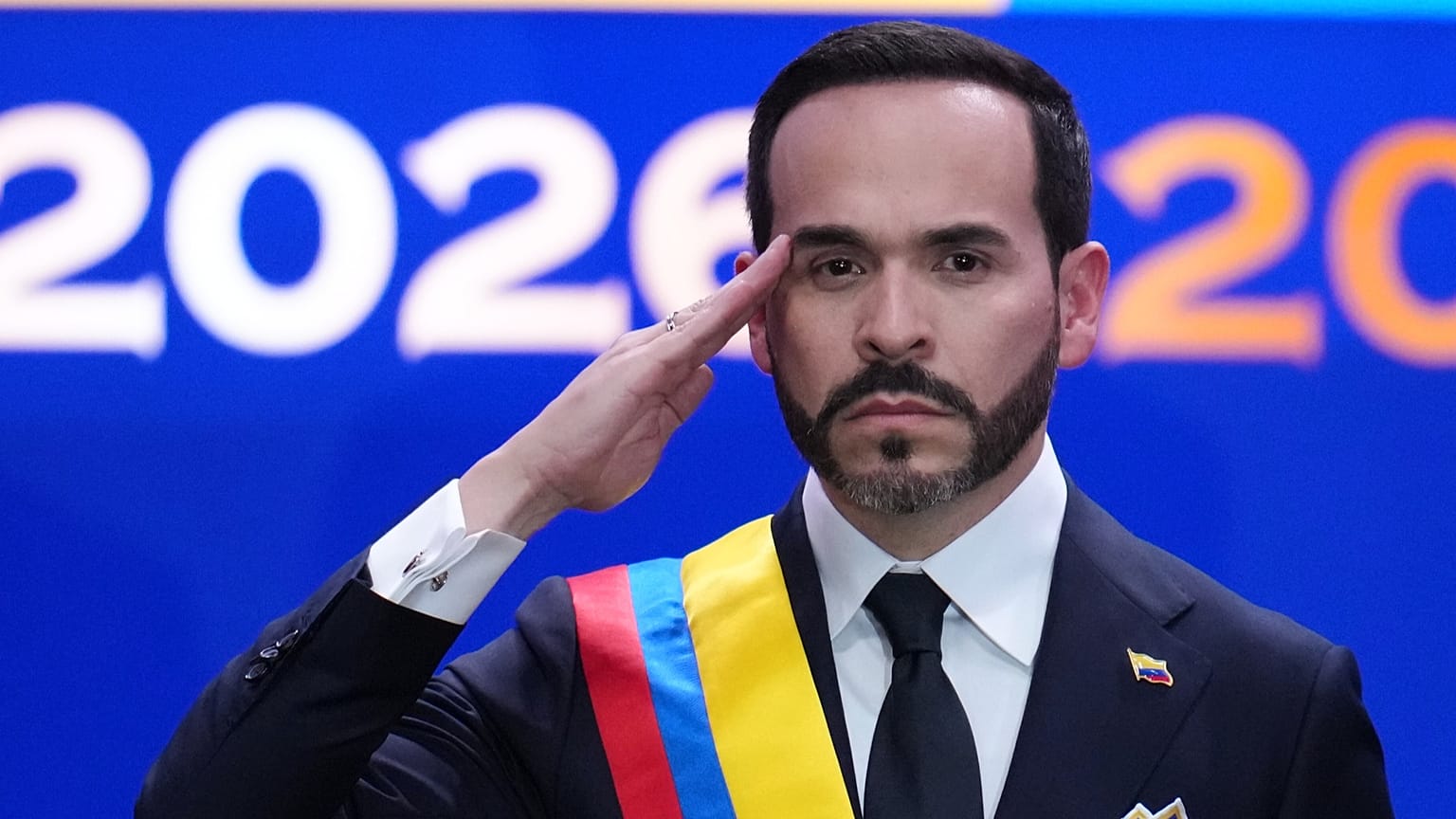 FILE - Colombia's President Abelardo de la Espriella salutes after taking the oath of office in Cali, Colombia, Aug. 7, 2026. 