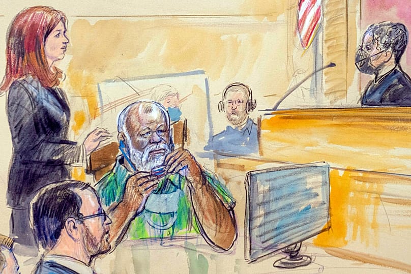 A court sketch of Abu Agila Mohammad Mas'ud Kheir Al-Marimi in federal court in Washington, 12 December, 2022