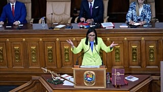 La presidenta interina de Venezuela, Delcy Rodríguez, se dirige a la Asamblea Nacional en Caracas, Venezuela, el jueves 15 de enero de 2026.