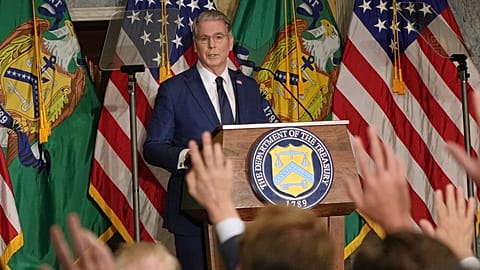 US Treasury Secretary Scott Bessent speaks at the Treasury Department in Washington, 24 Aug. 2026