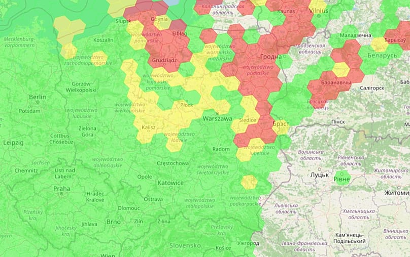 Perturbations du GPS en Pologne le 24 août 2026, selon le service GPS Jam.