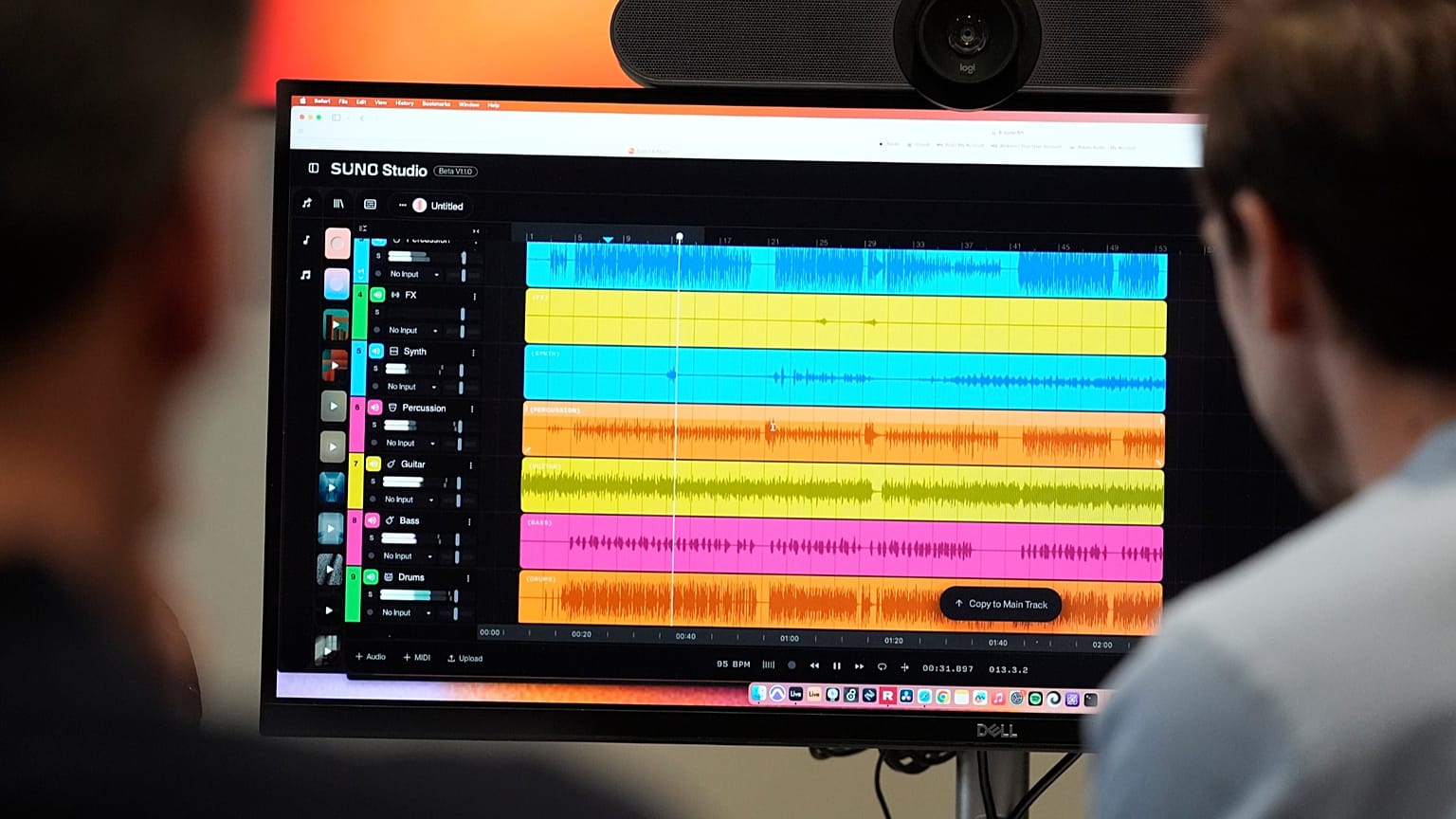 Waveforms of audio files from various instruments are displayed on a computer screen during the creation of an AI musical piece on SUNO