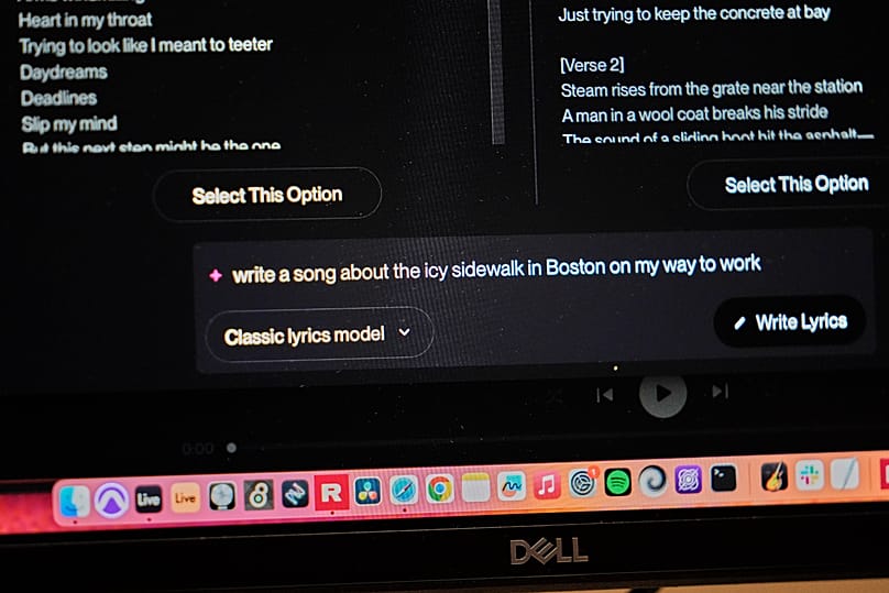 A computer screen shows the early stages of an AI music song being created.