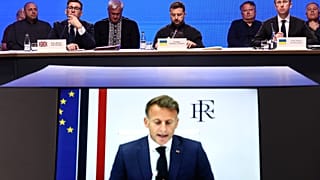 France's President Emmanuel Macron speaking via video conference during the Coalition of the Willing meeting, in Kyiv, Ukraine, Monday, Aug. 24, 2026. 