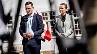 Greenland's Prime Minister Jens-Frederik Nielsen, left, and Denmark's Prime Minister Mette Frederiksen, right, are seen, April 27, 2025, in Marienborg, Denmark. 