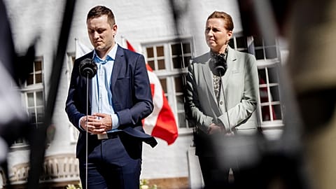 Greenland's Prime Minister Jens-Frederik Nielsen, left, and Denmark's Prime Minister Mette Frederiksen, right, are seen, April 27, 2025, in Marienborg, Denmark. 