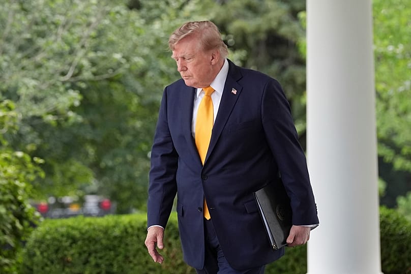 President Donald Trump arrives at the Rose Garden of the White House, Aug. 24, 2026, in Washington. (AP Photo/Alex Brandon)